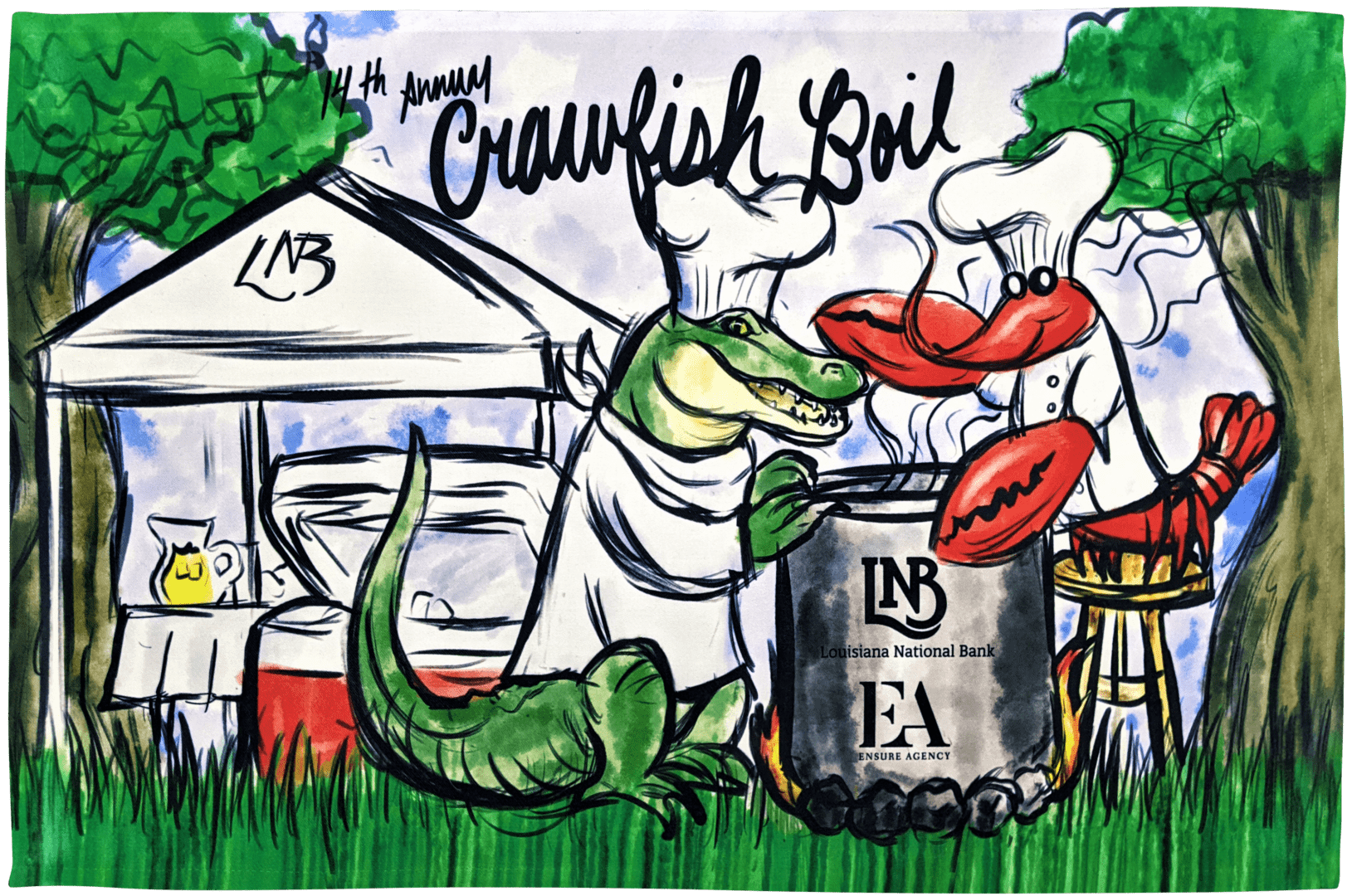 A Cartoon of a Lobster and a Crocodile Cooking